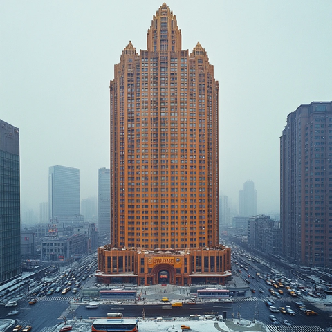 城市中高耸的特色建筑鸟瞰全景