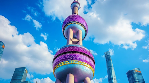 东方明珠塔在城市中矗立的壮观景象