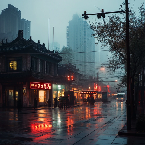 雨夜中式建筑街道行人灯光相映成景