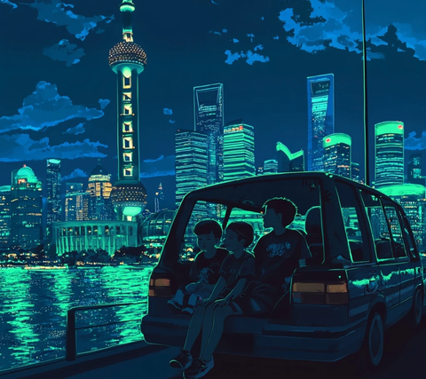 车中孩童赏上海璀璨夜景