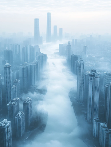 雾霭笼罩下的城市高楼鸟瞰全景