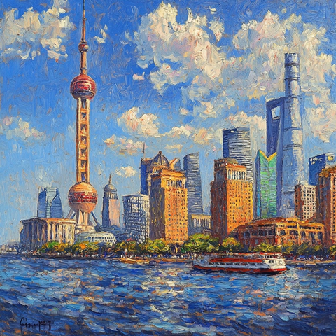 上海外滩建筑群与东方明珠的城市景观