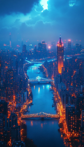 城市夜景鸟瞰视角下的河流与桥梁