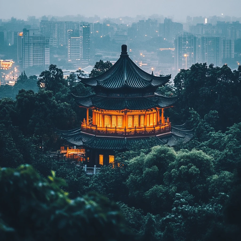 城市夜色中的古亭建筑