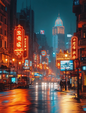 霓虹灯下的城市街道夜景