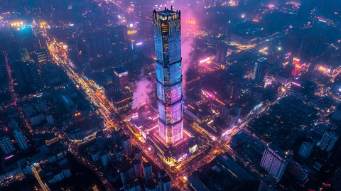 城市夜景中的摩天大楼鸟瞰全景