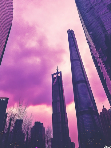 粉紫色天空下的城市摩天大楼景象