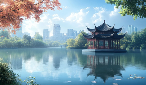 湖中建中式亭子的城市景观