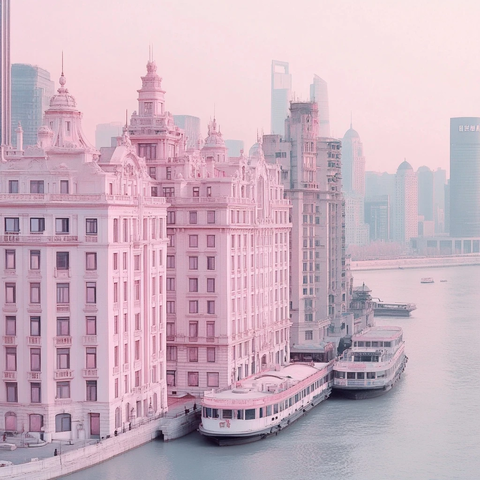 水边粉色欧式建筑与现代高楼并存的景象