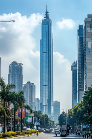 城市街道旁的摩天大楼景象