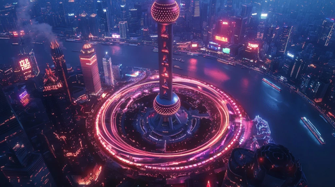 上海东方明珠夜景鸟瞰全景