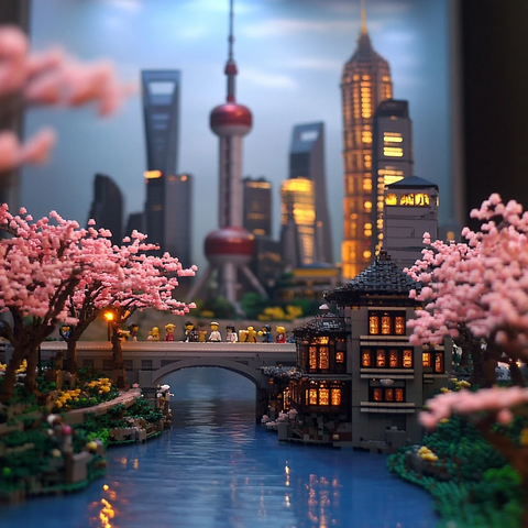 东方明珠旁的水乡建筑夜景