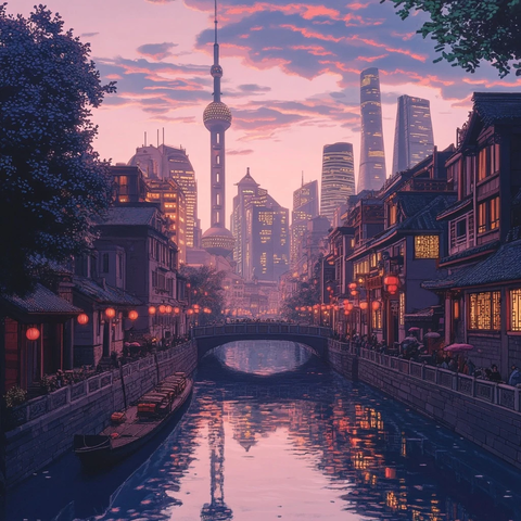 水道边传统建筑与摩天大楼相映的城市夜景