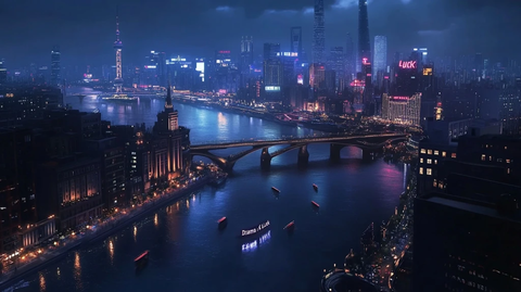 城市夜景中灯火辉煌的河流及桥梁