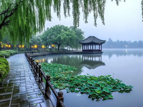 湖边小径旁中式亭子的清幽水景