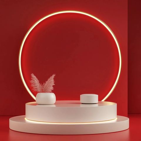 红色背景几何建模展示台