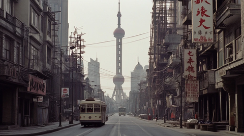 东方明珠塔下老街道的街景