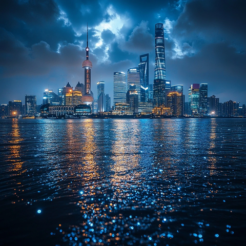 夜幕下的城市江景与摩天大楼交相辉映