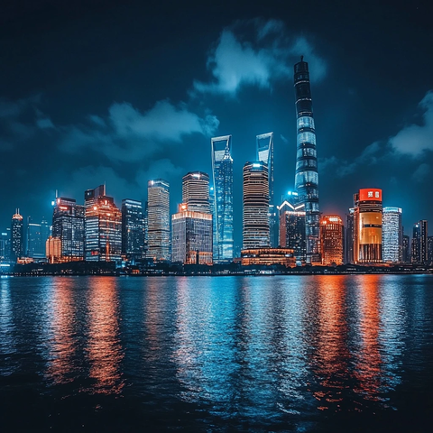 城市滨水夜景灯光璀璨的摩天大楼建筑群