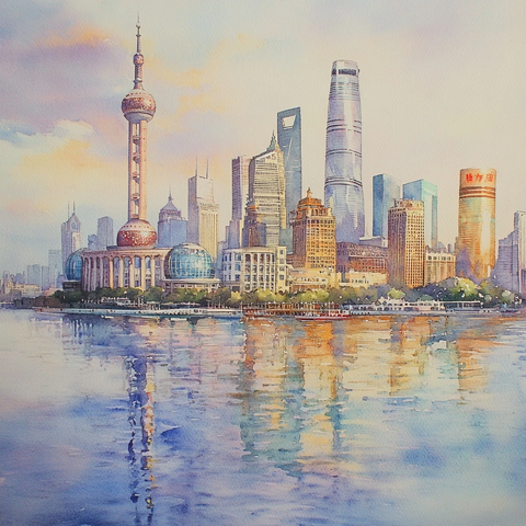 上海外滩城市风光水彩画