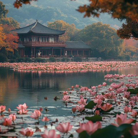 中式建筑旁湖面盛开大片粉色莲花