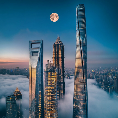 云雾中月光下的城市摩天大楼夜景