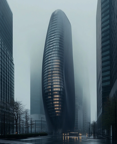 雾中城市独特造型的现代化摩天大楼