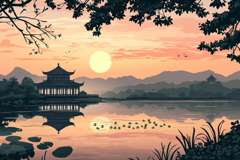 湖畔古亭的唯美夕阳风景