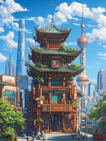 传统中式建筑与现代高楼并存的城市景象