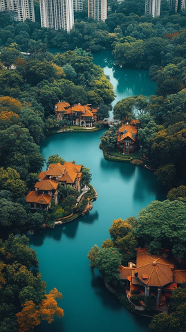 湖中小岛的特色建筑风景