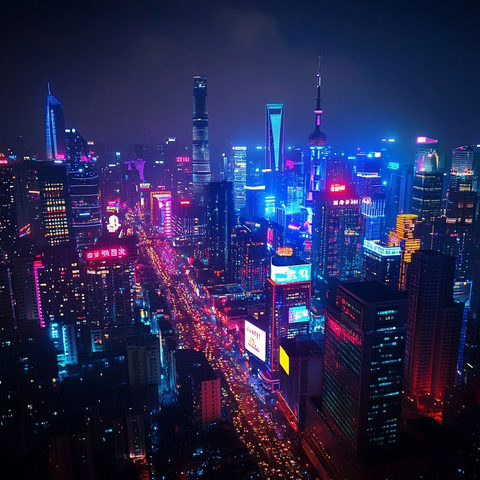 繁华都市夜景灯光璀璨高楼林立车水马龙