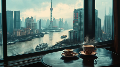 窗边赏外滩黄浦江畔及东方明珠景致