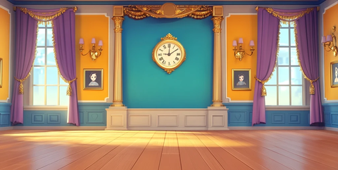 舞台时钟与紫色窗帘