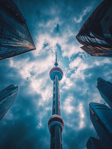 仰视视角下的东方明珠塔全景