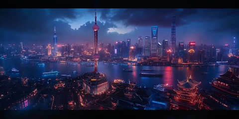 上海外滩夜景鸟瞰全景