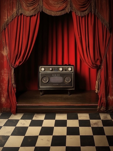 老式收音机与棋盘地板
