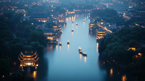 古建环绕的河流夜景