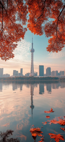 水边城市景观与红叶相映的美丽景象