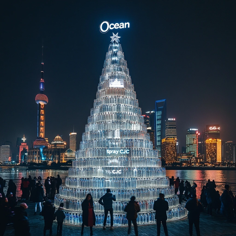 上海外滩用瓶子搭成的圣诞树夜景