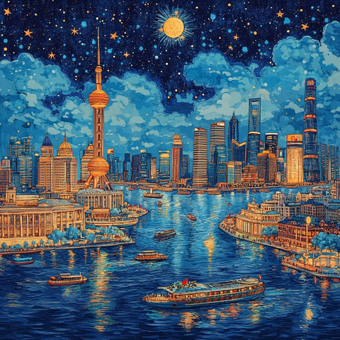 上海夜景中的东方明珠与黄浦江