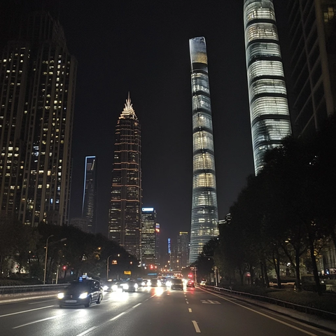 夜晚城市大道旁的摩天大楼景象