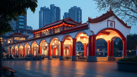 中式风格建筑灯火通明的夜景