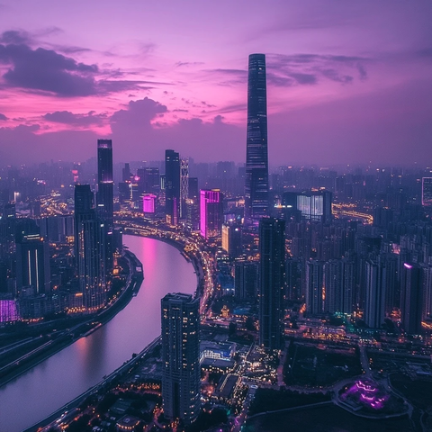 暮色下的现代化都市高空全景