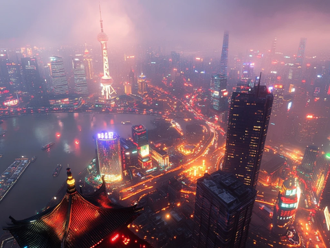 雾霭中灯火辉煌的都市夜景鸟瞰图