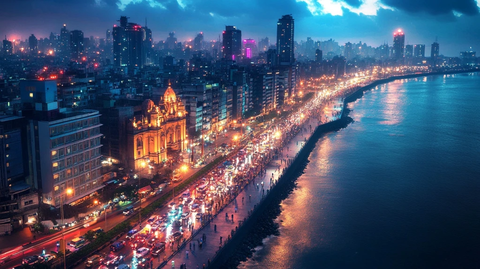 城市海滨夜景灯火辉煌车水马龙的景象