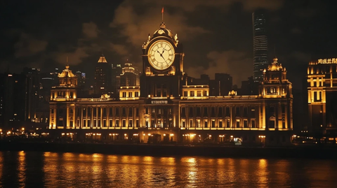 夜晚灯光下的特色钟楼建筑全景