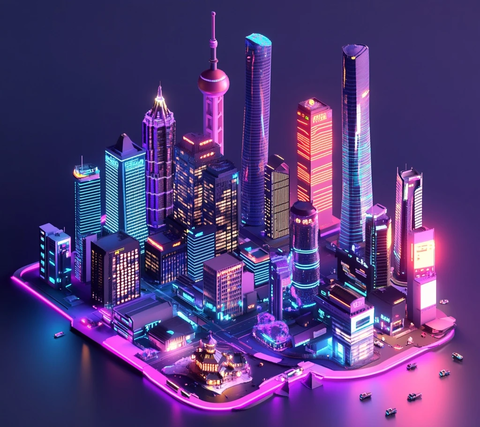 霓虹灯光下的现代化都市建筑群