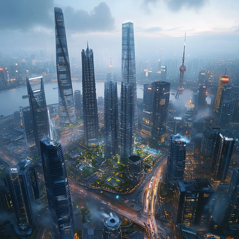 雾中俯瞰现代化大都市城市建筑群