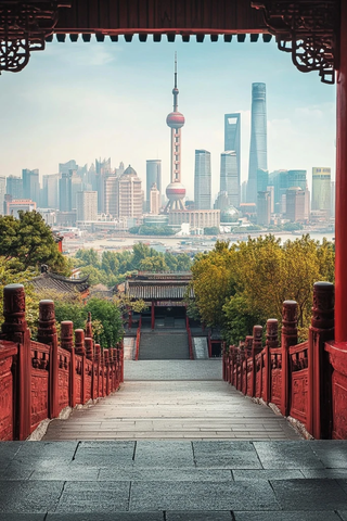 古建筑阶梯视角下的上海都市全景