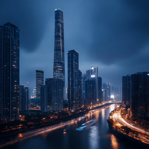 夜色下的城市河流与高楼大厦景观